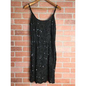 Vintage 90s Y2K Stenay Sequined Beaded Dress Sleeveless Scoop Neck Black SZ 6